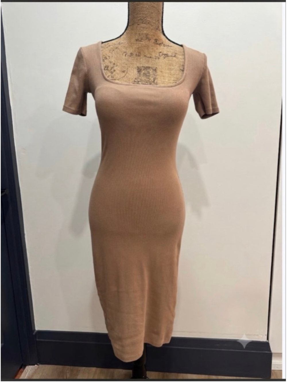 ZARA Brown Ribbed Square Neck Short Sleeve Midi Dress M Form Fitting Casual